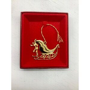 Vtg Tamerlane 24K Gold Finish Christmas Santa Sleigh Ornament In Box 20040